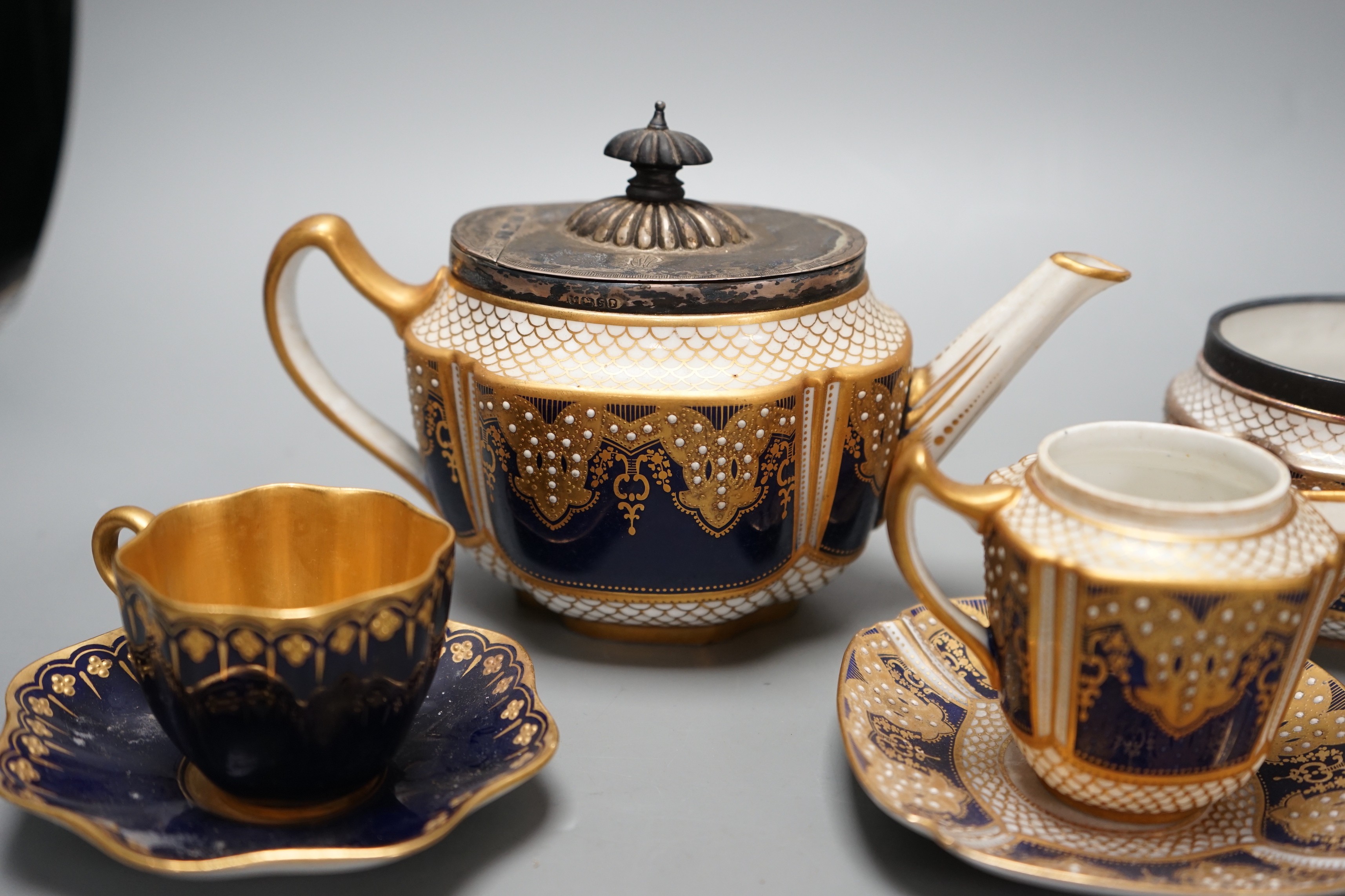 A Victorian Copeland Spode jewelled porcelain part tea set